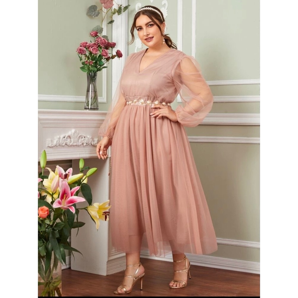 ✂️PASTEL PINK LANTERN SLEEVE MESH OVERLAY DRESS